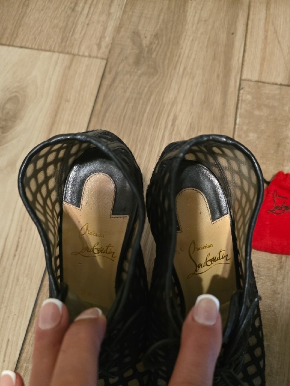 Christian Louboutin Black Mesh Lace-Up Peep-Toe 100 Heels Size (37-1/2) - Picture 7 of 15